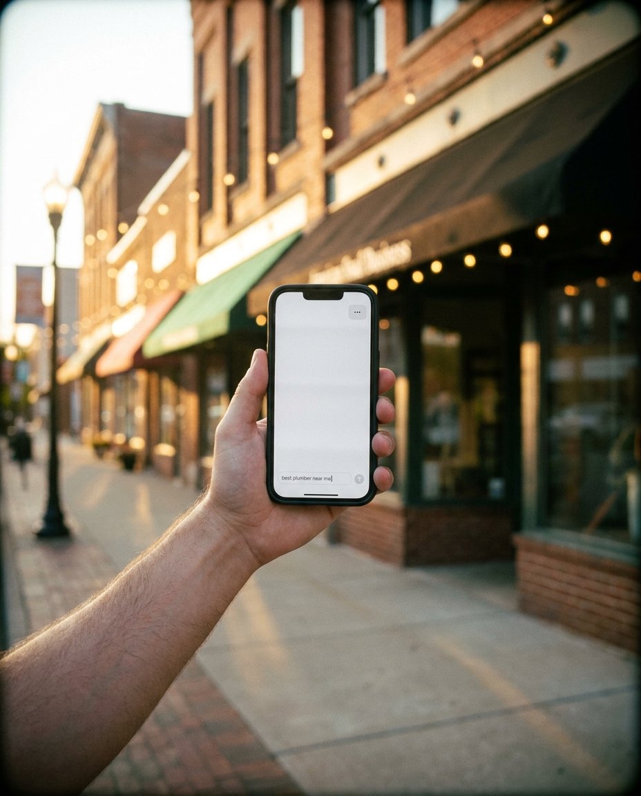 Phone held against a real street